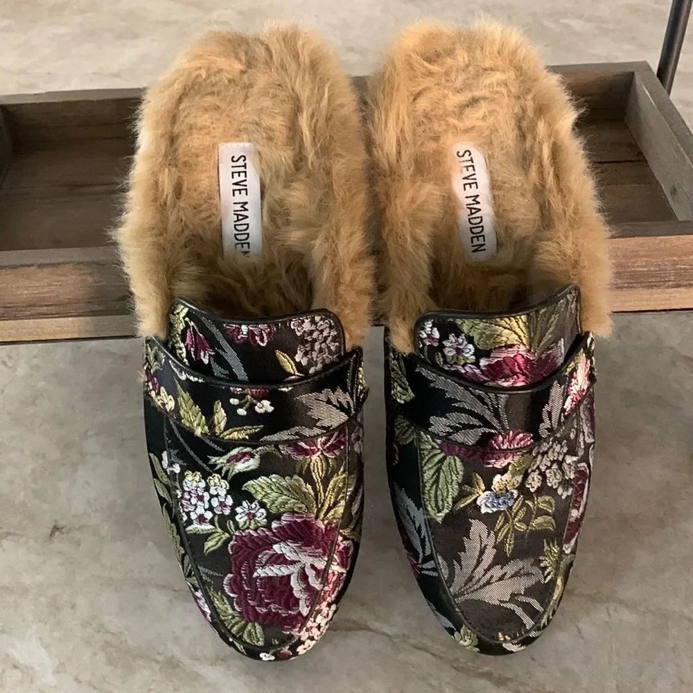 Steve Madden Brocade Fur Lined Slippers